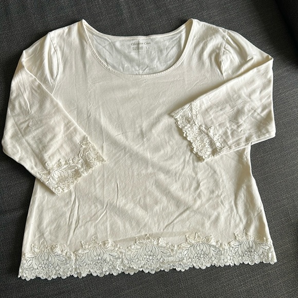 Coldwater Creek cream colored lace trimmed tee - Picture 1 of 4